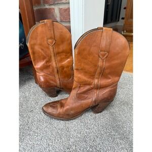 Vintage Frye Cognac Leather Cowboy Boots Women's 8.5 B Brown High Heel